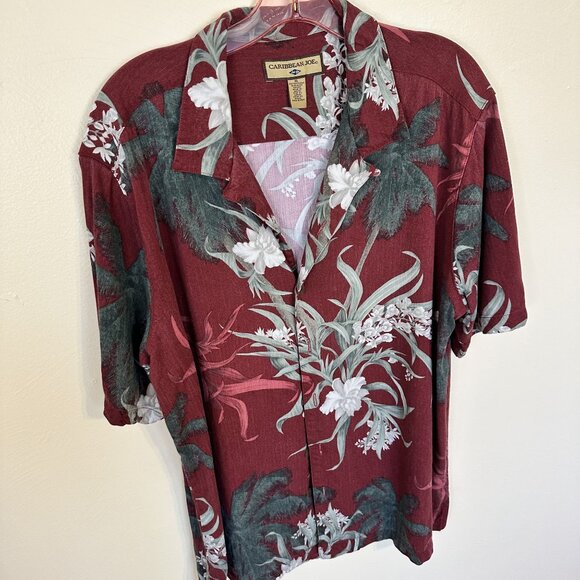Caribbean Joe Mens Hawaiian Shirt XL Red Tropical Floral Short Sleeve Heavy - Picture 8 of 8